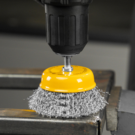 Щетка для дрели DENZEL, 75 мм, Чашка, со шпилькой, нержавеющая витая проволока