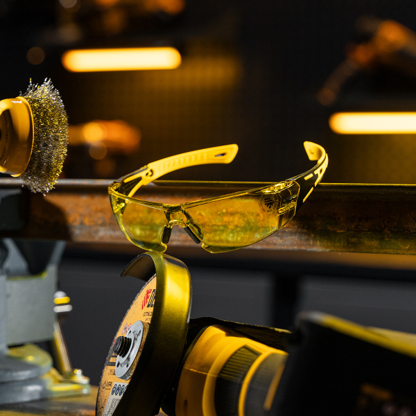 Очки защитные DENZEL открытые, поликарбонатные, желтая линза, 2х комп.дужки