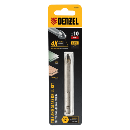 Сверло по керамической плитке DENZEL 10 мм, крестовая пластина, шестигранный хвостовик
