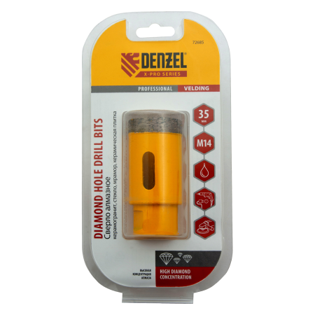 Сверло алмазное по керамограниту DENZEL 72685, 35 мм, М14, мокрая резка