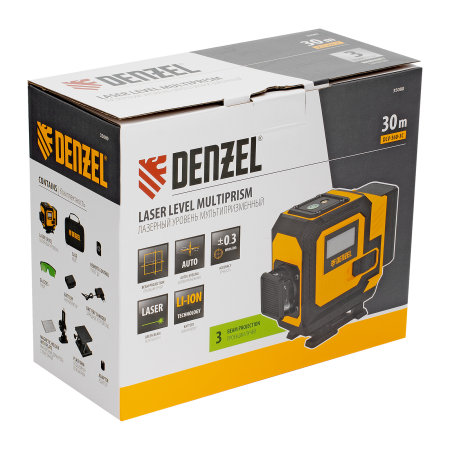 Лазерный уровень мультипризменный DENZEL DLV-360-3C, 30 м, зеленый луч, Li-Ion 2,4 Aч, кейс