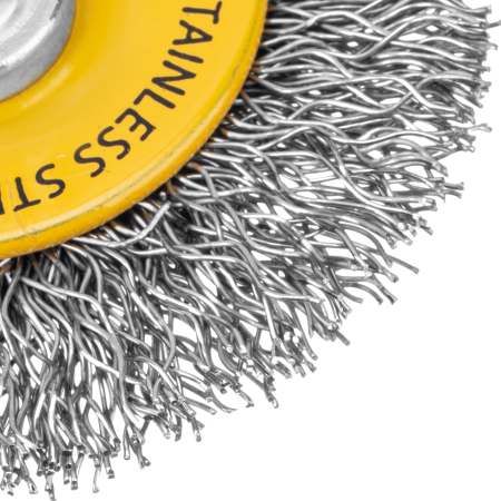 Щетка для дрели DENZEL, 50 мм, Плоская, со шпилькой, нержавеющая витая проволока