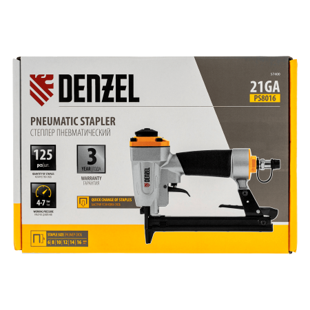 Степлер пневматический DENZEL PS8016 для прямоугольных скоб 21GA от 6 до 16 мм