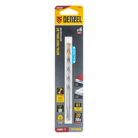 Сверло спиральное по металлу DENZEL 6 х 139 мм, Р6М5, Golden Tip, удлиненное