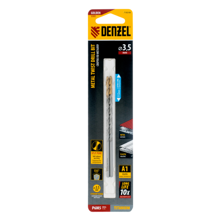 Сверло спиральное по металлу DENZEL 3,5 х 112 мм, Р6М5, Golden Tip, удлиненное, 2шт.
