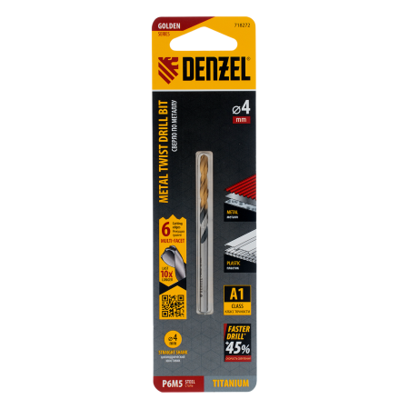 Сверло спиральное по металлу DENZEL 4 x 75 мм, Р6М5, Golden Tip, многогранная заточка
