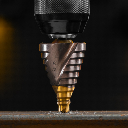 Сверло ступенчатое DENZEL, 9-12-15-18-21-24-27-30-33-36 мм, Р6М5К5, 6-гр. хвостовик