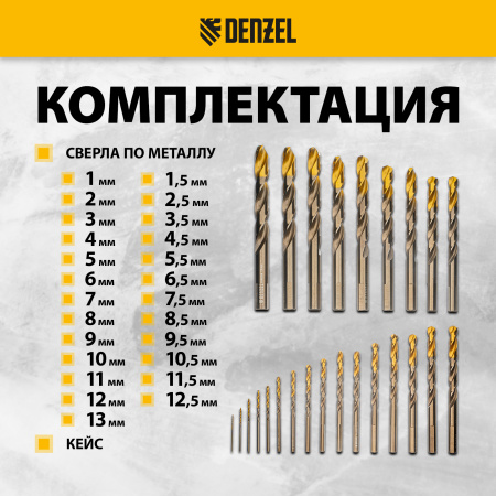 Набор сверл по металлу DENZEL, 1-13 мм, Р6М5К8-TiN, Golden Tip, 25 шт