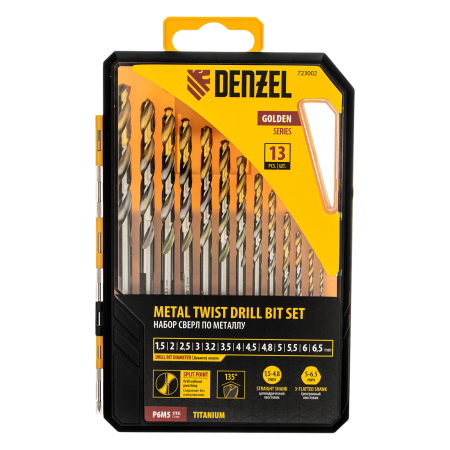 Набор сверл по металлу DENZEL, 1,5-6,5мм, Р6М5-TiN, Golden Tip, 13 шт