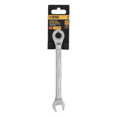 Ключ комбинированный трещоточный DENZEL, 13 мм, CrV, матовый хром