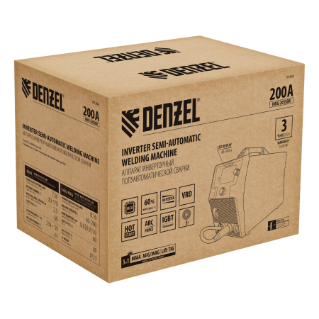 Аппарат инвертор DENZEL. полуавтомат. cварки IMIG-205SDR, 200 А, ПВ 60%, катушка 5 кг