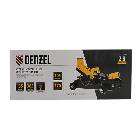 Домкрат гидравлический DENZEL подкатной с фиксатором, 2,8 т, 135-385 мм, в кейсе