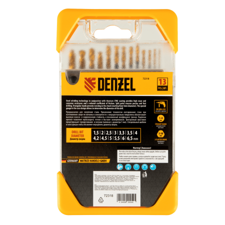 Набор сверл по металлу DENZEL 1,5-6,5 мм, HSS-Tin, Golden Tip, 13 шт