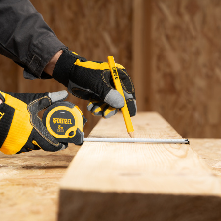 Рулетка DENZEL 8м х 25мм, двухкомп. корпус, кнопка-пауза