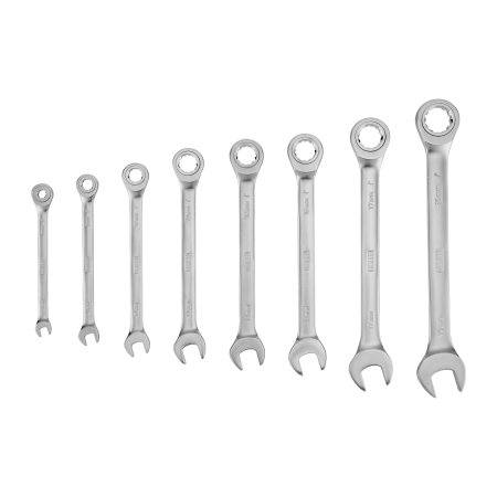 Набор ключей комбинированных трещоточных DENZEL 6-19 мм, 8 шт., CrV, матовый хром