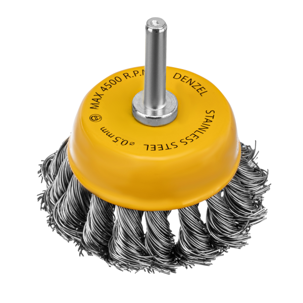 Щетка для дрели DENZEL, 65 мм, Чашка, со шпилькой, нержавеющая крученая проволока