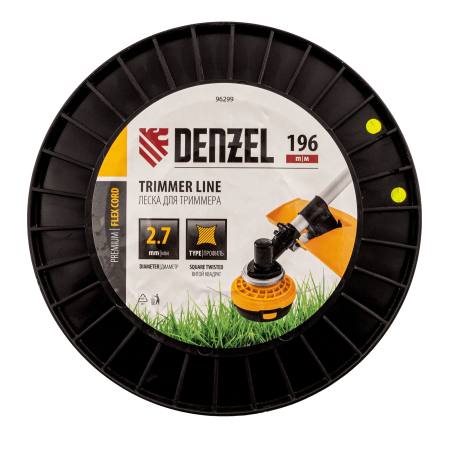 Леска для триммера DENZEL 96299 витой квадрат, 2,7мм х 196м, на DIN катушке FLEX CORD