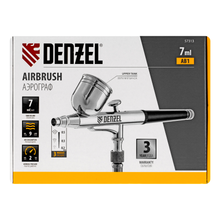 Аэрограф с верхним бачком DENZEL AB1, 0.2/0.3/0.5 мм, 7 мл, 9 л/мин
