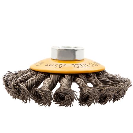 Щетка для УШМ DENZEL 746093, 100 мм, «тарелка», крученая нержавеющая проволока 0.5 мм, М14