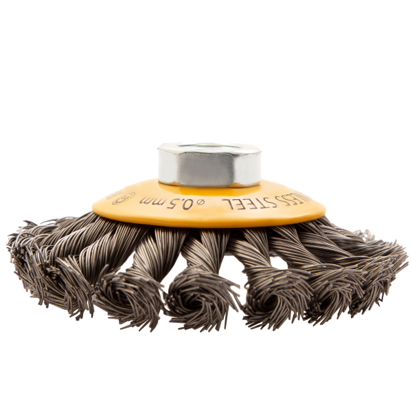 Щетка для УШМ DENZEL 746093, 100 мм, «тарелка», крученая нержавеющая проволока 0.5 мм, М14
