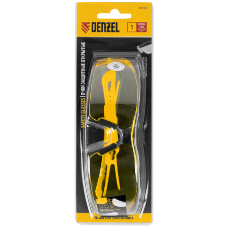 Очки защитные DENZEL открытые, поликарбонатные, желтая линза, 2х комп.дужки