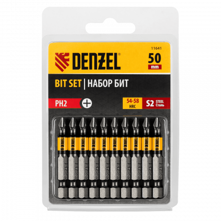 Бита DENZEL PH2х50, сталь S2, цилиндр., 10 шт. Е 6,3