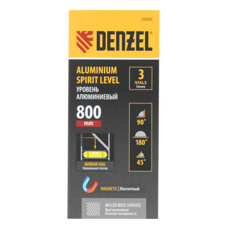 Уровень алюминиевый DENZEL магнит., фрезерованный, 3 глазка (1 зеркал.), 0,5 мм/м, 800 мм