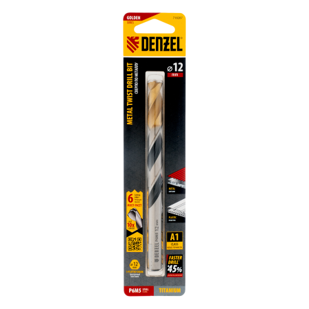 Сверло спиральное по металлу DENZEL 12 x 151 мм, Р6М5, Golden Tip, многогранная заточка