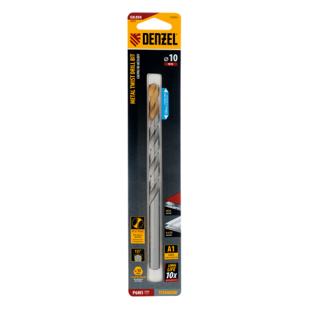 Сверло спиральное по металлу DENZEL 10 х 184 мм, Р6М5, Golden Tip, удлиненное Сверло спиральное по металлу DENZEL 10 х 184 мм, Р6М5, Golden Tip, удлиненное