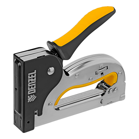 Степлер DENZEL скобы в комплекте, плавная регулировка удара, 2К рукоятка, тип 53, 4-14 мм Степлер DENZEL скобы в комплекте, плавная регулировка удара, 2К рукоятка, тип 53, 4-14 мм