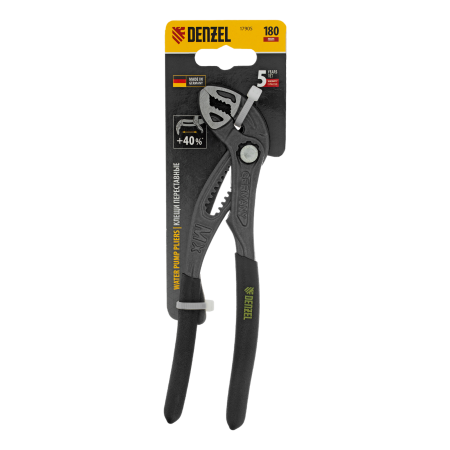 Клещи переставные DENZEL кнопочный механизм, обливные рукоятки, 180 мм
