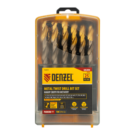 Набор сверл по металлу DENZEL, 1-13 мм, Р6М5К8-TiN, Golden Tip, 25 шт