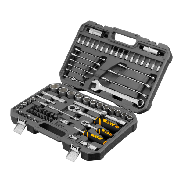 Набор инструментов DENZEL 1/2", 1/4", CrV, S2, пластиковый кейс, 82 предмета