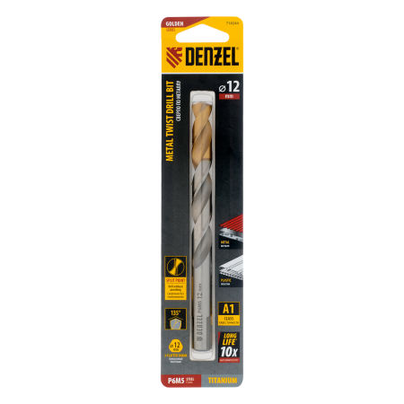 Сверло спиральное по металлу DENZEL 12 x 151 мм, Р6М5, Golden Tip 