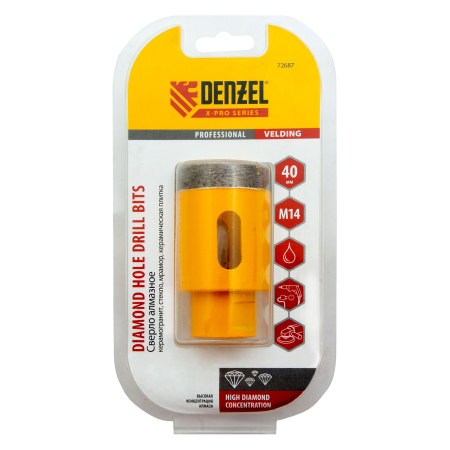 Сверло алмазное по керамограниту DENZEL 72687, 40 мм, М14, мокрая резка Сверло алмазное по керамограниту DENZEL 72687, 40 мм, М14, мокрая резка