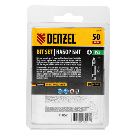 Бита DENZEL PZ3х50, сталь S2, шестигранный профиль, 10 шт. Е 6,3