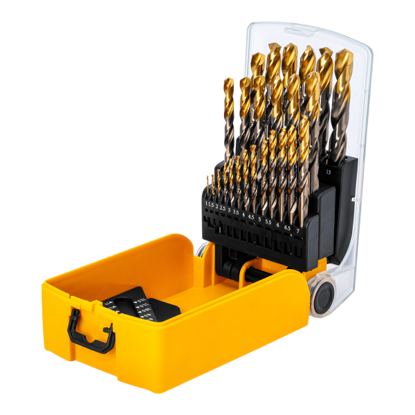 Набор сверл по металлу DENZEL, 1-13 мм, Р6М5К8-TiN, Golden Tip, 25 шт