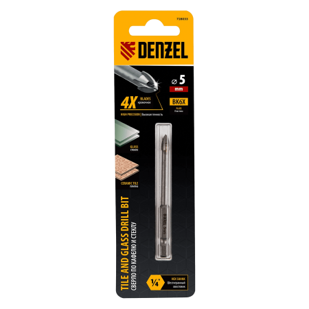 Сверло по керамической плитке DENZEL 5 мм, крестовая пластина, шестигранный хвостовик