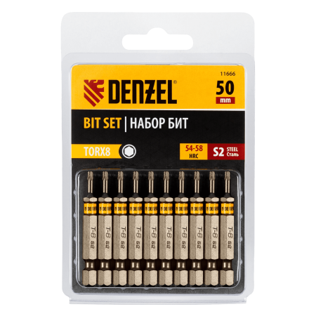 Бита DENZEL TX 8х50, сталь S2, шестигранный профиль, 10 шт. Е 6,3