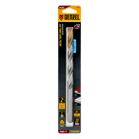 Сверло спиральное по металлу DENZEL 12 x 205 мм, Р6М5, Golden Tip, удлиненное