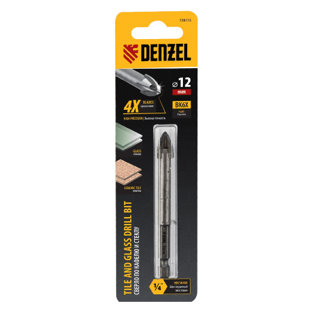 Сверло по керамической плитке DENZEL 12 мм, крестовая пластина, шестигранный хвостовик