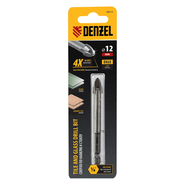 Сверло по керамической плитке DENZEL 12 мм, крестовая пластина, шестигранный хвостовик