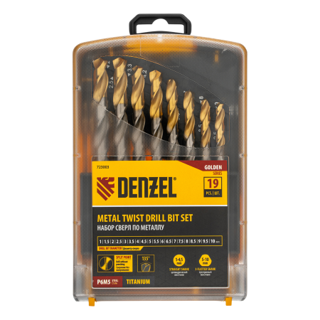 Набор сверл по металлу DENZEL, 1-10 мм, Р6М5-TiN, Golden Tip, 19 шт