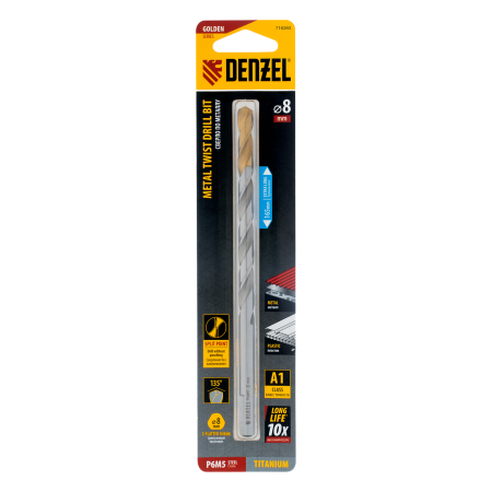 Сверло спиральное по металлу DENZEL 8 х 165 мм, Р6М5, Golden Tip, удлиненное