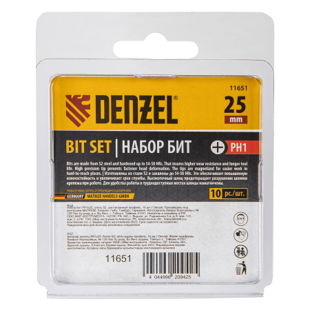 Бита DENZEL PH1х25, сталь S2, шестигранный профиль, 10 шт. Е 6,3