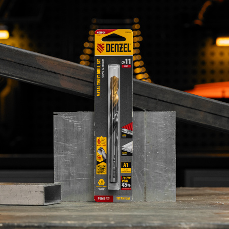 Сверло спиральное по металлу DENZEL 11 x 142 мм, Р6М5, Golden Tip, многогранная заточка