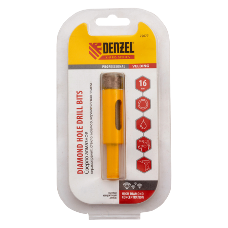 Сверло алмазное по керамограниту DENZEL 72677, 16 мм, мокрая резка, трехгранный хвостовик