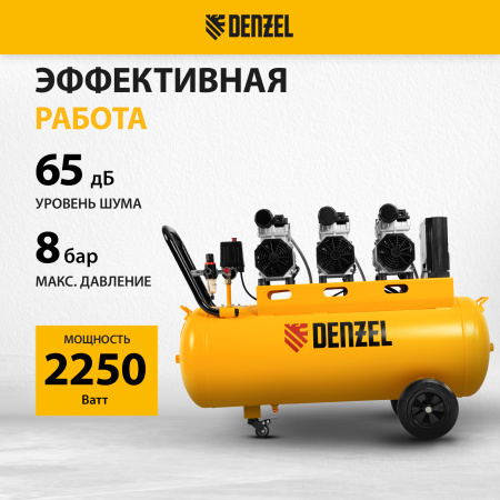 Компрессор безмасляный, малошумный DENZEL DLS 2250/100, 2250 Вт, 3x750, 100 л, 410 л/мин блок управления/ Denzel