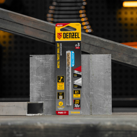 Сверло спиральное по металлу DENZEL 3 х 100 мм, Р6М5, Golden Tip, удлиненное, 2шт.