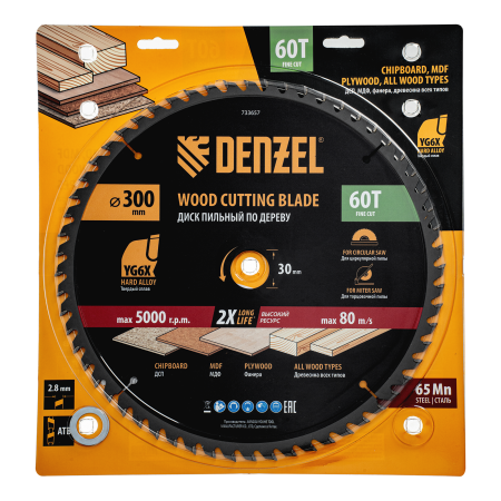 Пильный диск по дереву DENZEL ф300 х 30 мм, 60 зубьев